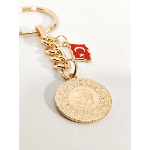 Atatürk Silüetli Altın Para ve Türkiye Haritası Anahtarlık Gold Renk – Milli ve Geleneksel Şık Çanta & Anahtar Aksesuarı