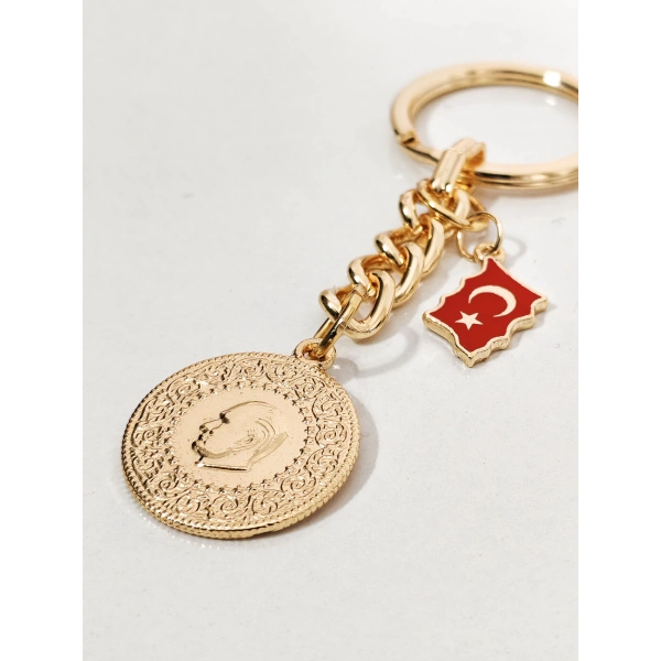 Atatürk Silüetli Altın Para ve Türkiye Haritası Anahtarlık Gold Renk – Milli ve Geleneksel Şık Çanta & Anahtar Aksesuarı