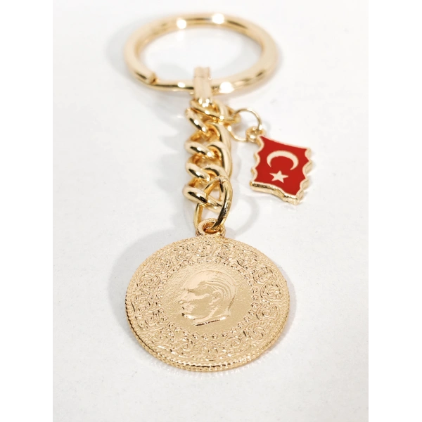 Atatürk Silüetli Altın Para ve Türkiye Haritası Anahtarlık Gold Renk – Milli ve Geleneksel Şık Çanta & Anahtar Aksesuarı