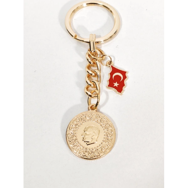 Atatürk Silüetli Altın Para ve Türkiye Haritası Anahtarlık Gold Renk – Milli ve Geleneksel Şık Çanta & Anahtar Aksesuarı