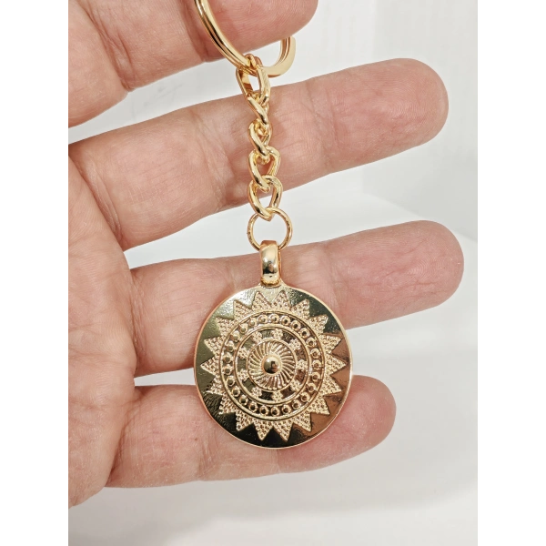Etnik Desenli Güneş Madalyon Anahtarlık Gold Renk – Bohem ve Mistik Şık Çanta & Anahtar Aksesuarı