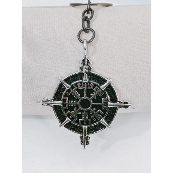 Pusula Tasarımlı Vegvisir Viking Temalı Gümüş Renk Metal Anahtarlık - İskandinav Mitolojisi Şans Tılsımı