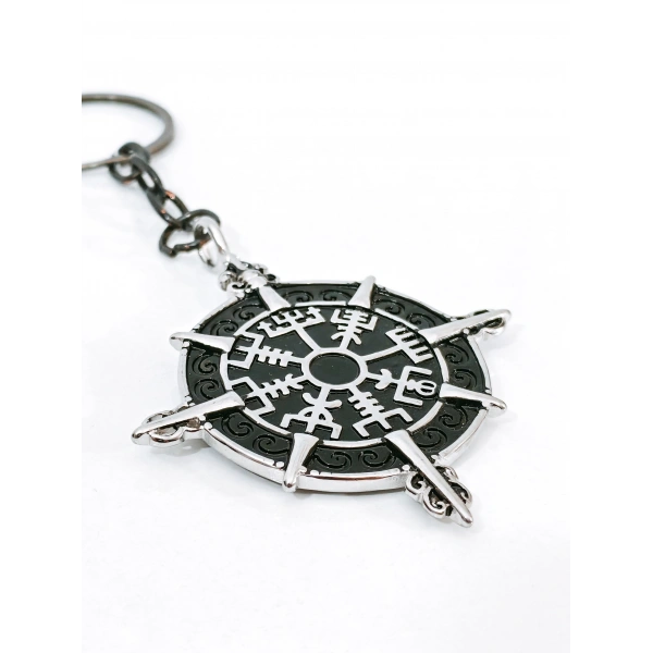 Pusula Tasarımlı Vegvisir Viking Temalı Gümüş Renk Metal Anahtarlık - İskandinav Mitolojisi Şans Tılsımı