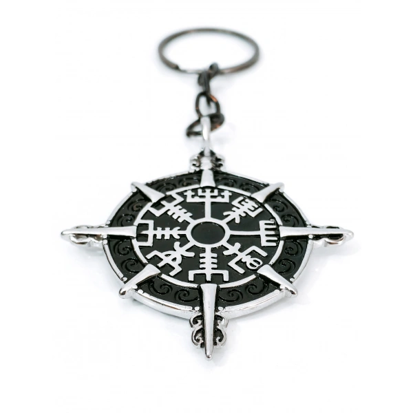 Pusula Tasarımlı Vegvisir Viking Temalı Gümüş Renk Metal Anahtarlık - İskandinav Mitolojisi Şans Tılsımı