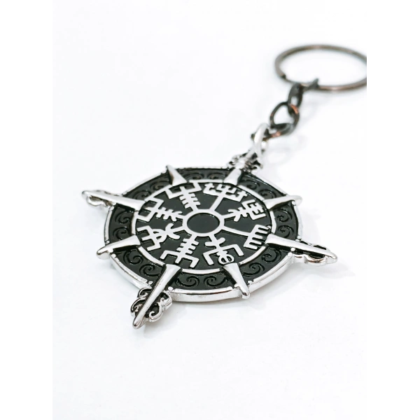 Pusula Tasarımlı Vegvisir Viking Temalı Gümüş Renk Metal Anahtarlık - İskandinav Mitolojisi Şans Tılsımı