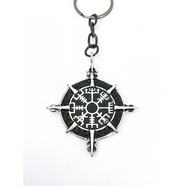 Pusula Tasarımlı Vegvisir Viking Temalı Gümüş Renk Metal Anahtarlık - İskandinav Mitolojisi Şans Tılsımı