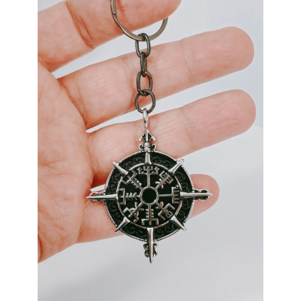 Pusula Tasarımlı Vegvisir Viking Temalı Gümüş Renk Metal Anahtarlık - İskandinav Mitolojisi Şans Tılsımı