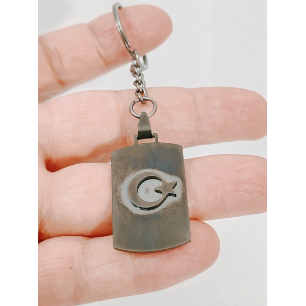 Ay Yıldız Temalı Eskitme Metal Künye Anahtarlık - Lazer Kesim Özel Tasarım