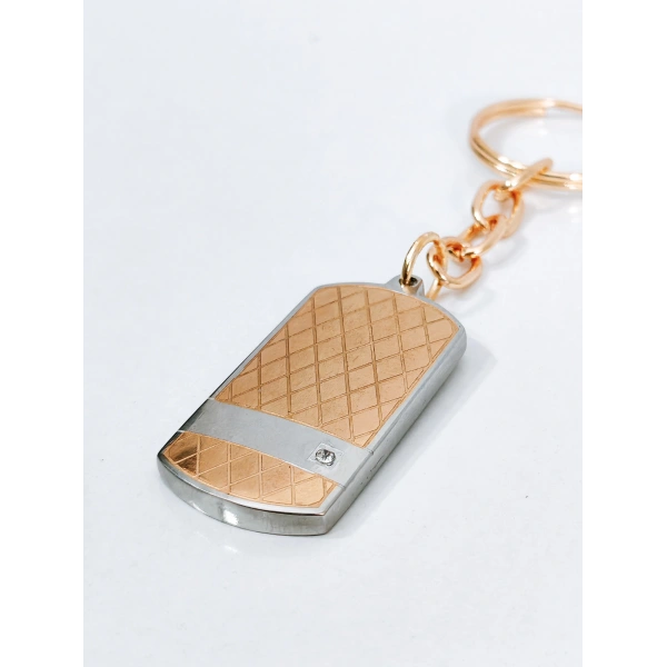 Rose Gold & Gümüş Çift Renkli Zirkon Taşlı Geometrik Metal Künye Anahtarlık - Premium Tasarım