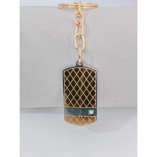 Rose Gold & Gümüş Çift Renkli Zirkon Taşlı Geometrik Metal Künye Anahtarlık - Premium Tasarım