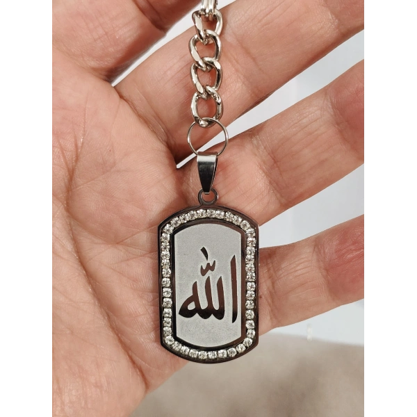Zirkon Taşlı Gümüş Renk Allah Lafızlı Metal Künye Anahtarlık - Manevi & Şık Tasarım