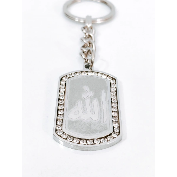 Zirkon Taşlı Gümüş Renk Allah Lafızlı Metal Künye Anahtarlık - Manevi & Şık Tasarım