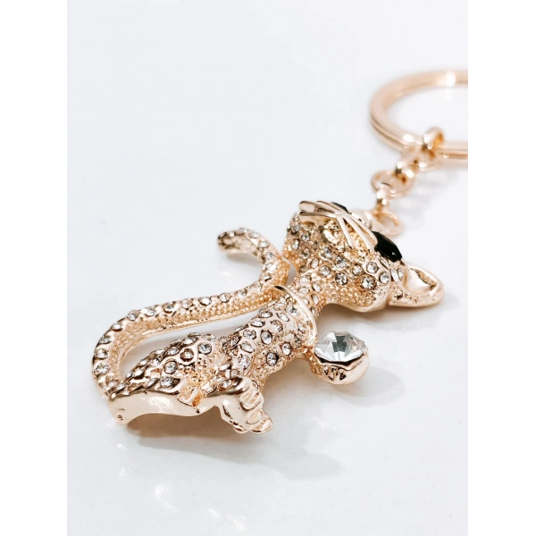 Zirkon Taşlı Rose Gold Kedi Figürlü Lüks Anahtarlık & Çanta Aksesuarı