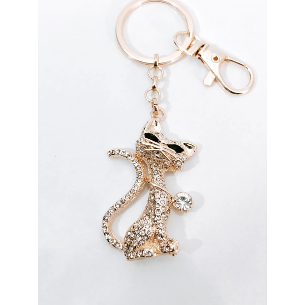 Zirkon Taşlı Rose Gold Kedi Figürlü Lüks Anahtarlık & Çanta Aksesuarı