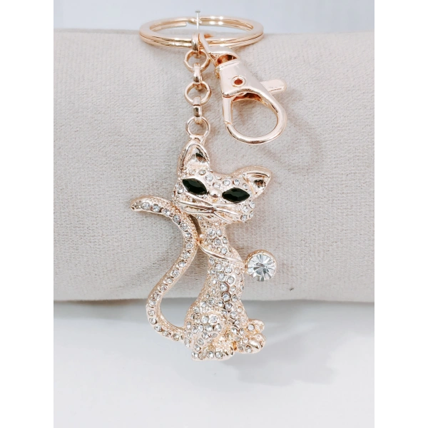Zirkon Taşlı Rose Gold Kedi Figürlü Lüks Anahtarlık & Çanta Aksesuarı