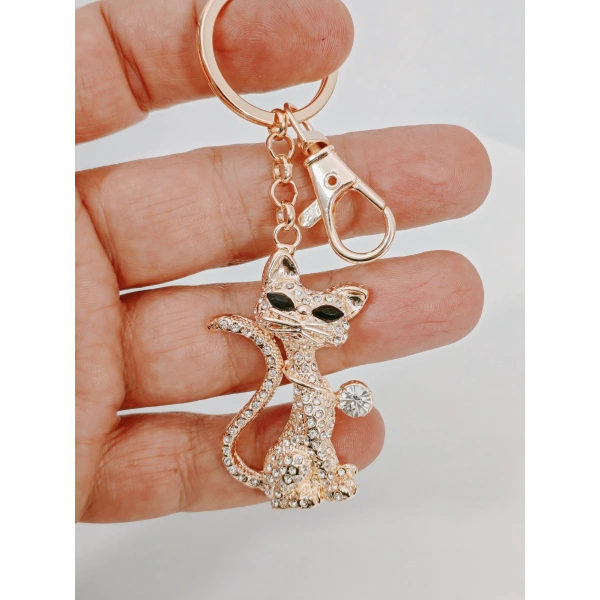 Zirkon Taşlı Rose Gold Kedi Figürlü Lüks Anahtarlık & Çanta Aksesuarı
