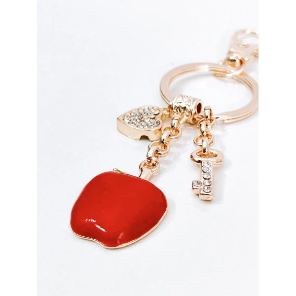 Zirkon Taşlı Kalp ve Anahtar Detaylı Kırmızı Elma Figürlü Rose Gold Anahtarlık
