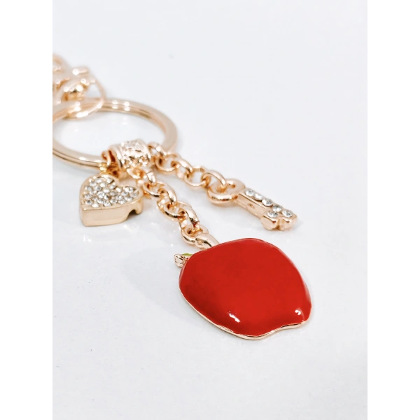 Zirkon Taşlı Kalp ve Anahtar Detaylı Kırmızı Elma Figürlü Rose Gold Anahtarlık