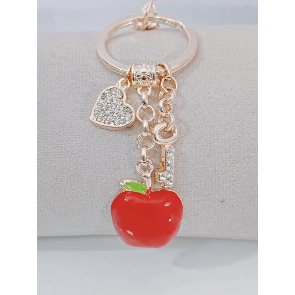 Zirkon Taşlı Kalp ve Anahtar Detaylı Kırmızı Elma Figürlü Rose Gold Anahtarlık