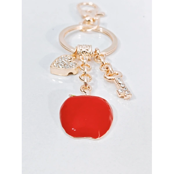 Zirkon Taşlı Kalp ve Anahtar Detaylı Kırmızı Elma Figürlü Rose Gold Anahtarlık