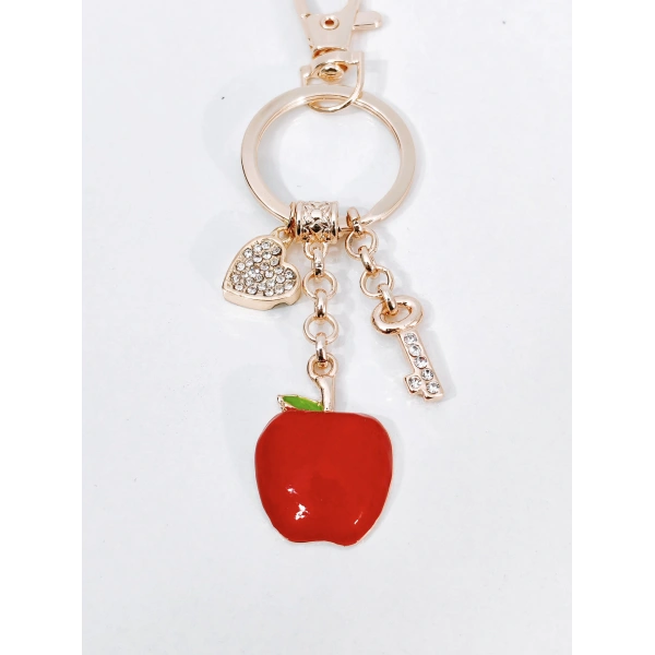 Zirkon Taşlı Kalp ve Anahtar Detaylı Kırmızı Elma Figürlü Rose Gold Anahtarlık