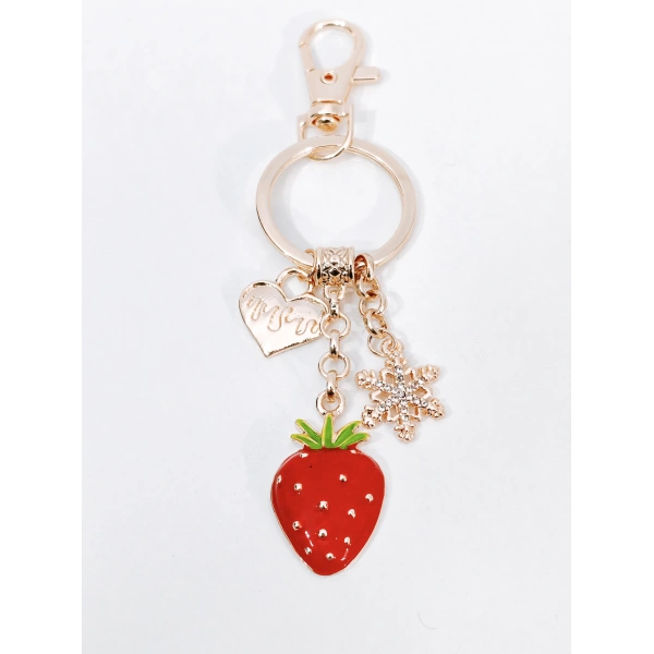 Zirkon Taşlı Kar Tanesi ve Kalp Detaylı Çilek Figürlü Rose Gold Anahtarlık
