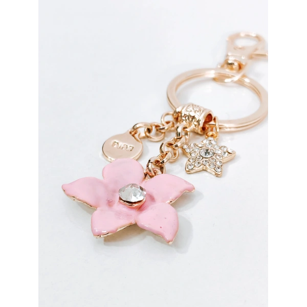 Zirkon Taşlı Yıldız ve Çiçek Figürlü Rose Gold Lüks Anahtarlık & Çanta Aksesuarı