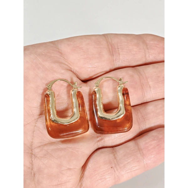 Kadın Gold Renk Dikdörtgen Kehribar Görünümlü Küpe - Modern Geometrik Bohem Küpe - Şık Günlük Aksesuar