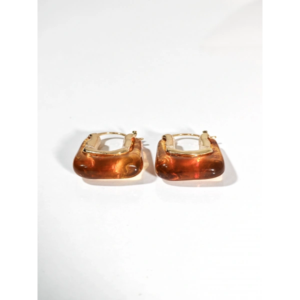 Kadın Gold Renk Dikdörtgen Kehribar Görünümlü Küpe - Modern Geometrik Bohem Küpe - Şık Günlük Aksesuar