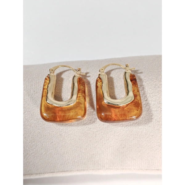 Kadın Gold Renk Dikdörtgen Kehribar Görünümlü Küpe - Modern Geometrik Bohem Küpe - Şık Günlük Aksesuar