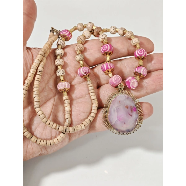 Kadın Gold Renk Pembe Akik Etnik Taşlı Bohem Kolye - El Yapımı Tasarım Şık Takı
