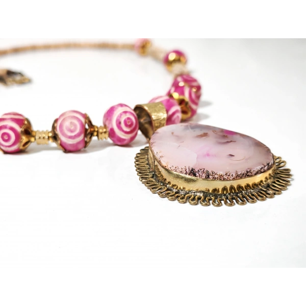 Kadın Gold Renk Pembe Akik Etnik Taşlı Bohem Kolye - El Yapımı Tasarım Şık Takı