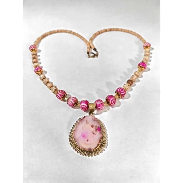 Kadın Gold Renk Pembe Akik Etnik Taşlı Bohem Kolye - El Yapımı Tasarım Şık Takı