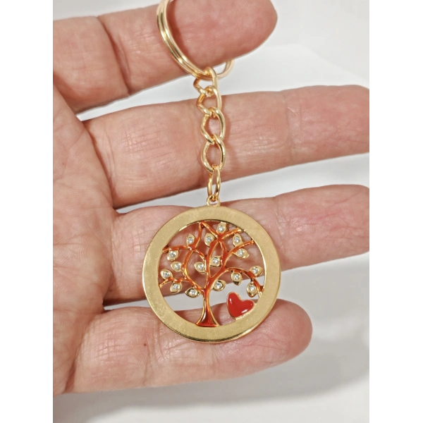 Kırmızı Hayat Ağacı Figürlü Gold Metal Anahtarlık - Kalp Detaylı ve Zirkon Taşlı Aksesuar