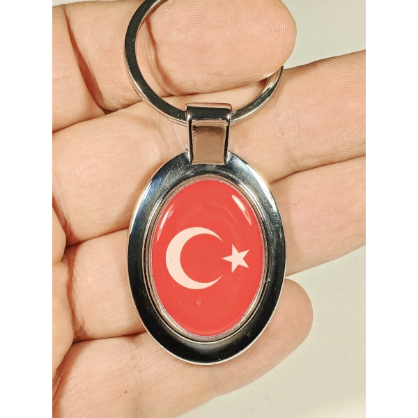Ay Yıldızlı Kırmızı Oval Metal Anahtarlık