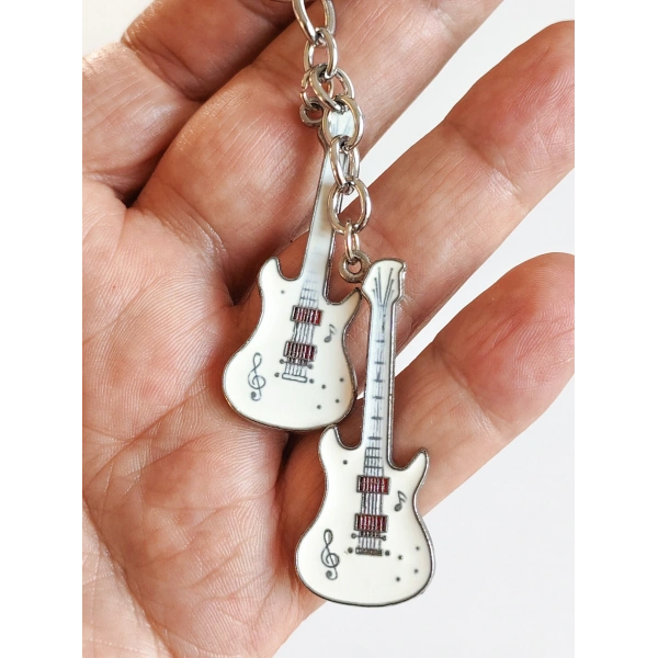 Beyaz İki Gitarlı Metal Anahtarlık