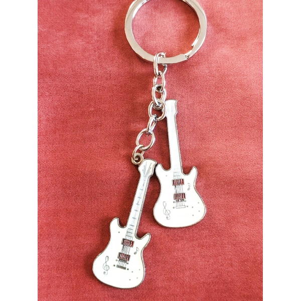Beyaz İki Gitarlı Metal Anahtarlık