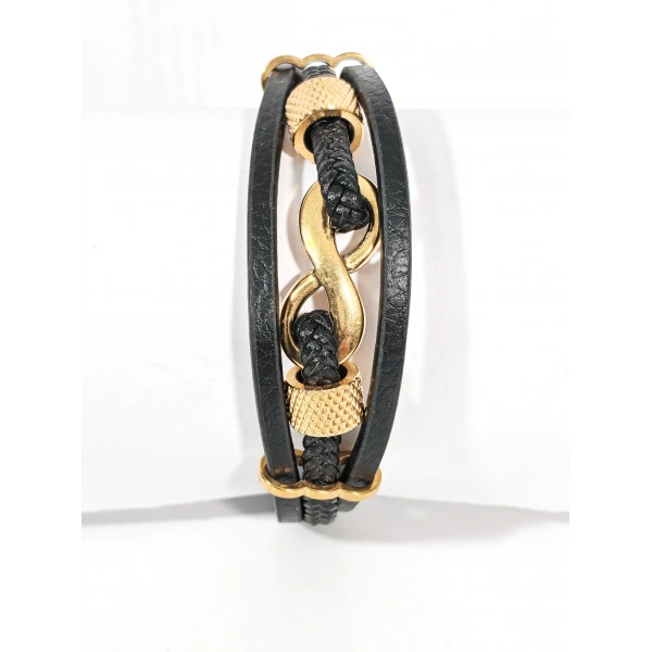 Sonsuzluk Figürlü Gold Detaylı Deri Erkek Bileklik - Modern ve Zarif Tasarım