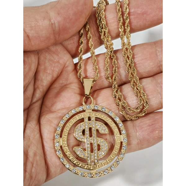 Dolar Figürlü Taşlı Gold Kolye - İddialı ve Gösterişli Tasarım