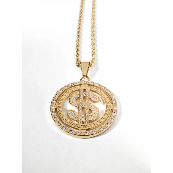 Dolar Figürlü Taşlı Gold Kolye - İddialı ve Gösterişli Tasarım