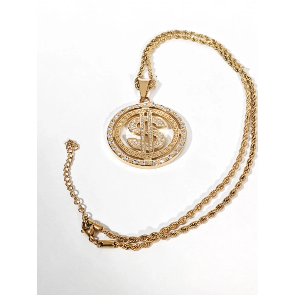 Dolar Figürlü Taşlı Gold Kolye - İddialı ve Gösterişli Tasarım