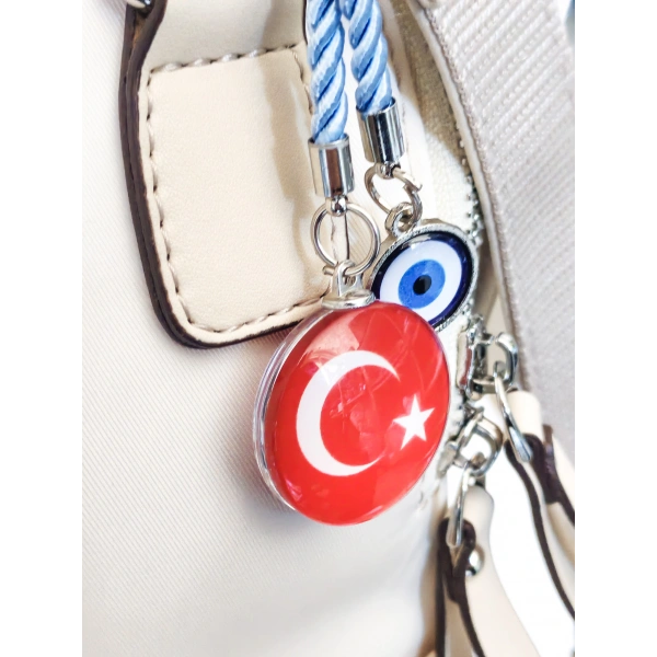 İpli Türk Bayraklı Nazar Boncuklu Cam Çanta Süsü