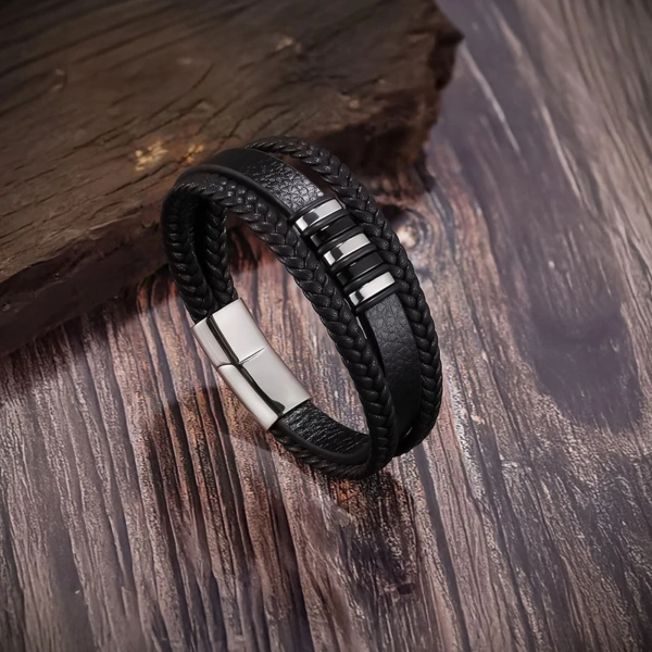 Moncuk Design Orijinal Deri ve 316L Çoklu Çelik Erkek Bileklik 33514B22D1