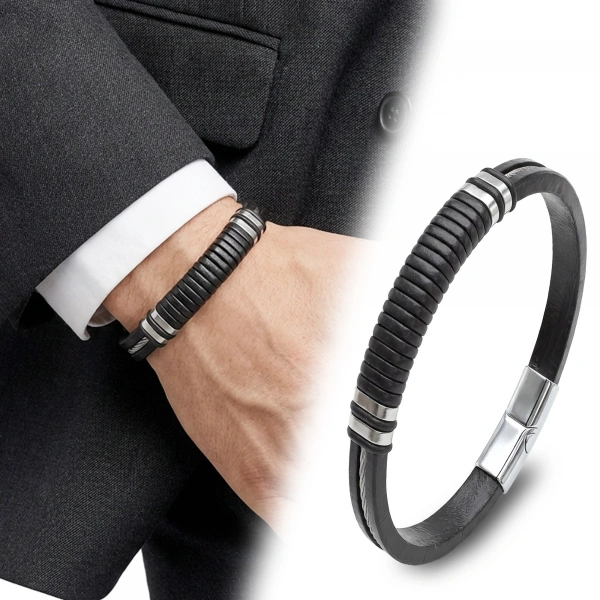 Moncuk Design Siyah Deri ve 316L Halat Çelik Erkek Bileklik 33514B19D2
