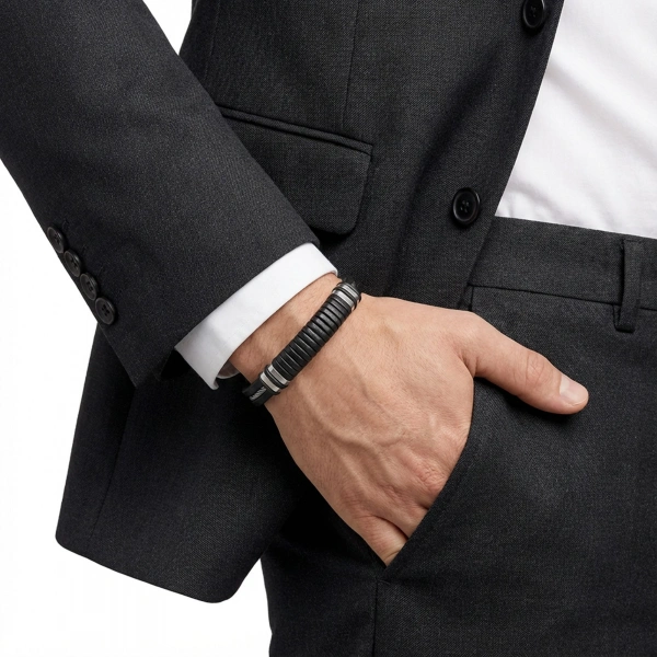 Moncuk Design Siyah Deri ve 316L Halat Çelik Erkek Bileklik 33514B19D2