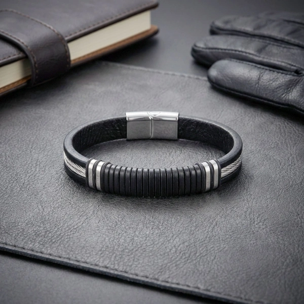 Moncuk Design Siyah Deri ve 316L Halat Çelik Erkek Bileklik 33514B19D2