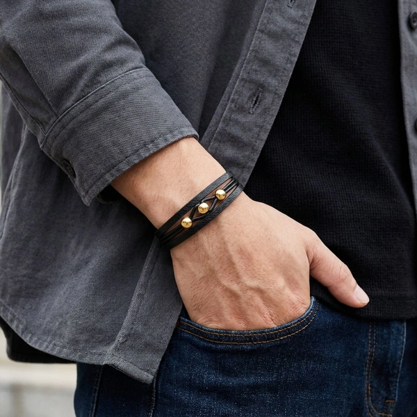 Moncuk Design Sarı Çelik Top Ve Siyah Deri Bileklik 33514B8D4
