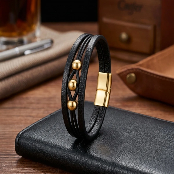 Moncuk Design Sarı Çelik Top Ve Siyah Deri Bileklik 33514B8D4