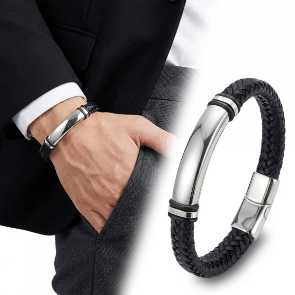 Moncuk Design İsim Yazılabilir Siyah Deri Ve Beyaz Titanyum Kilit Bileklik 33513B15D3