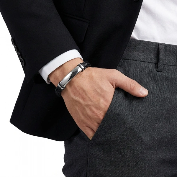 Moncuk Design İsim Yazılabilir Siyah Deri Ve Beyaz Titanyum Kilit Bileklik 33513B15D3